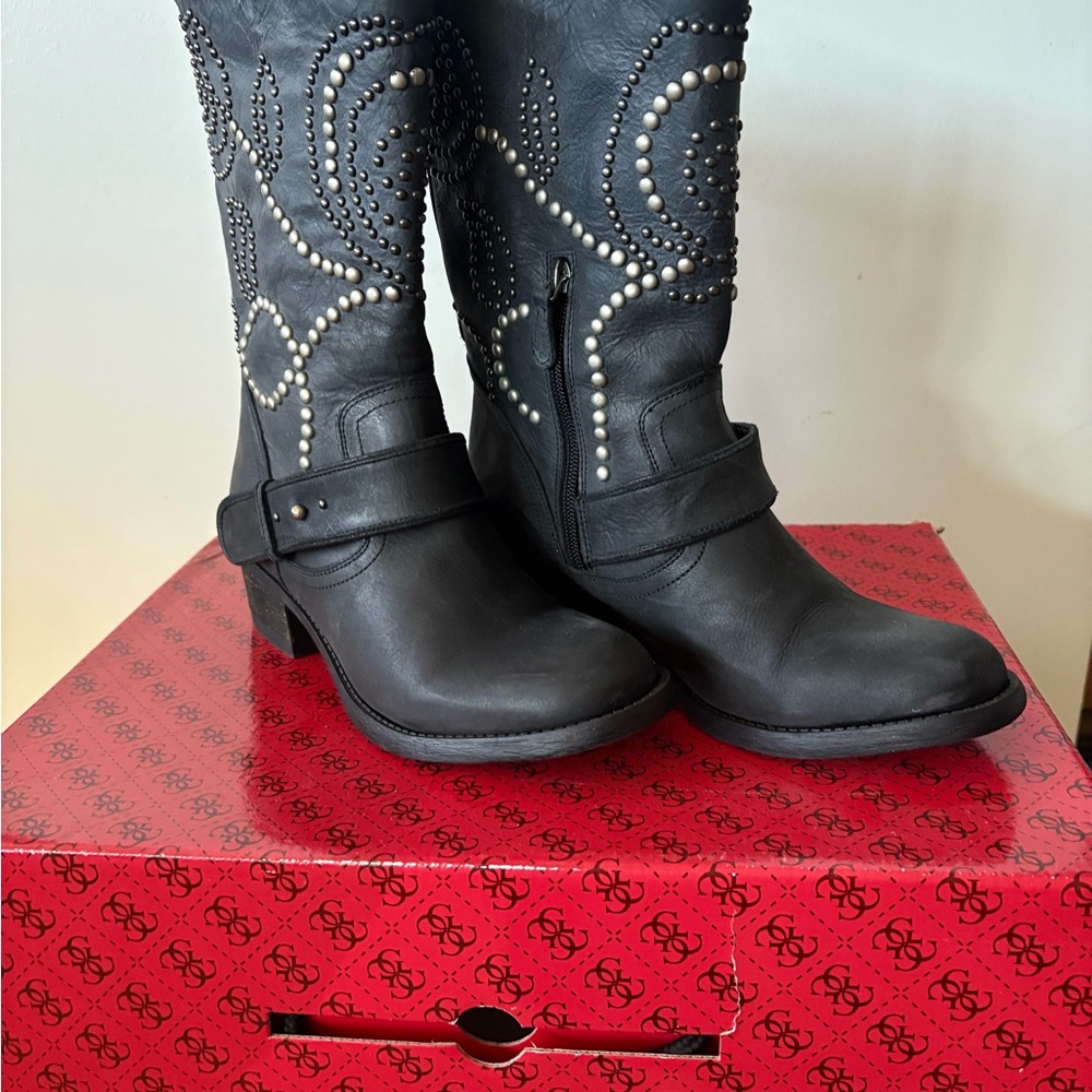 Guess Black Heeled Boots with Buckle Accents